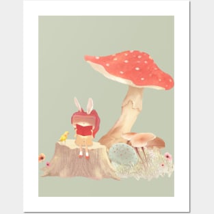Girl Reading Book Under a Mushroom Posters and Art